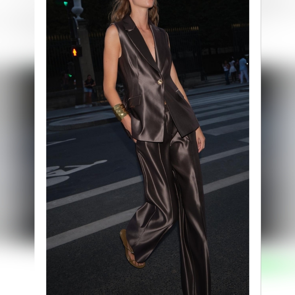 Zara 2 Pc Set Vest & Straight Pants Satin Effect Mocha - Picture 17 of 17